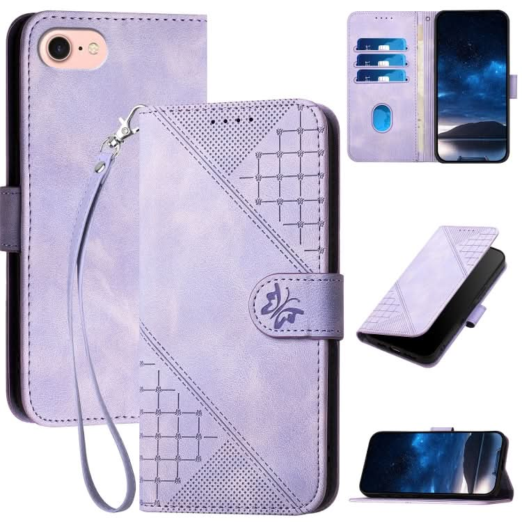 YX0080 Grid Butterfly Embossed Pattern Flip Leather Phone Case with Lanyard, Series 2