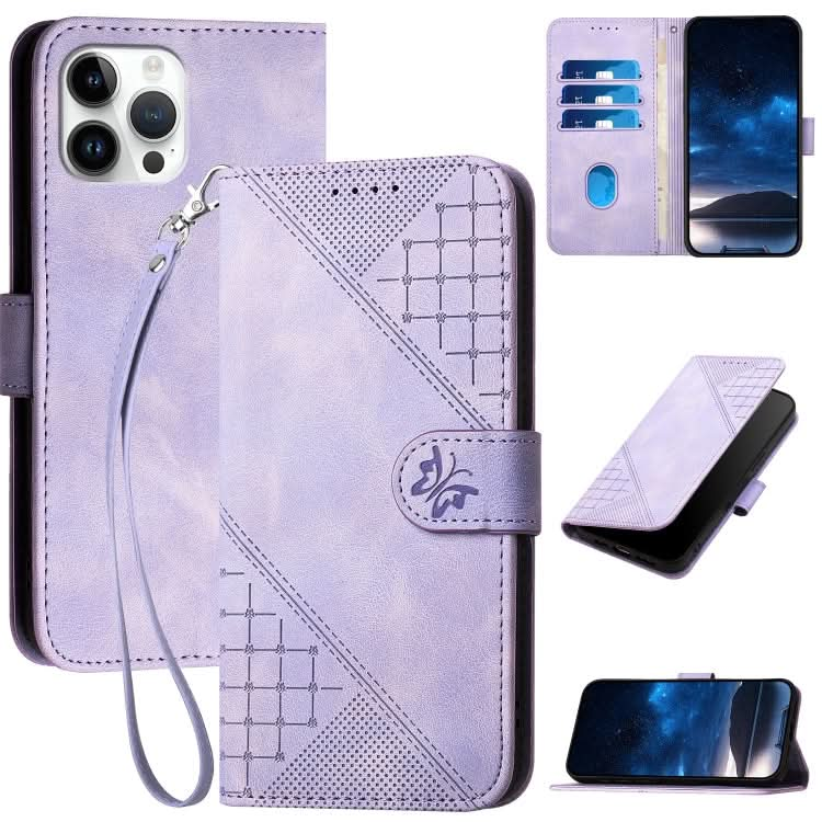 YX0080 Grid Butterfly Embossed Pattern Flip Leather Phone Case with Lanyard, Series 3