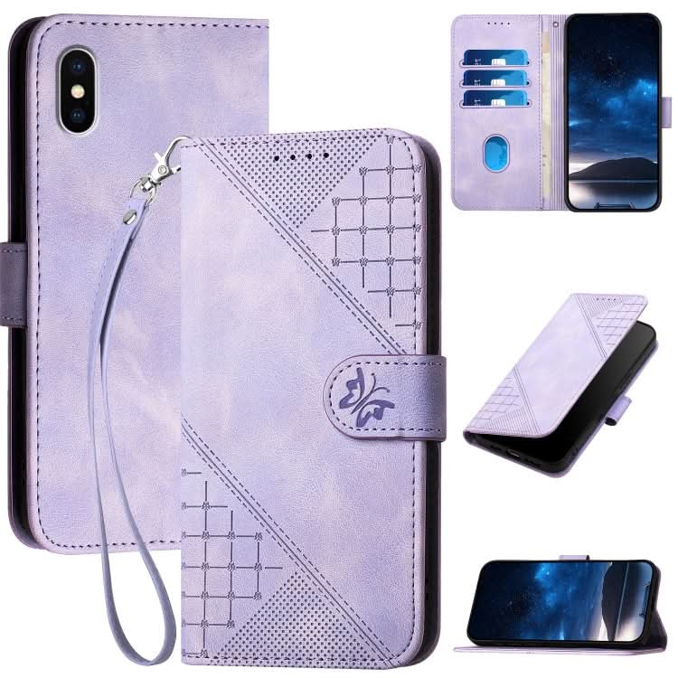 YX0080 Grid Butterfly Embossed Pattern Flip Leather Phone Case with Lanyard, Series 3