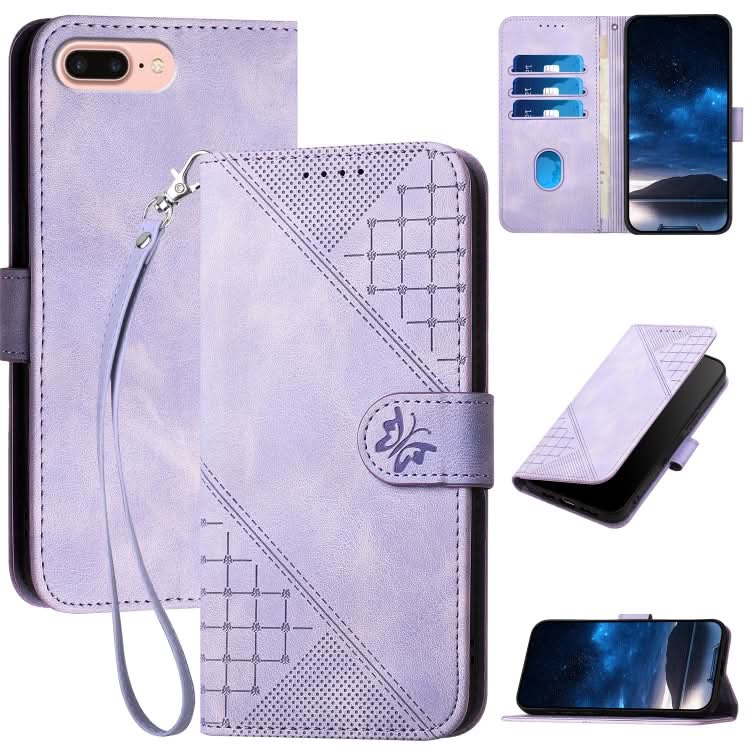 YX0080 Grid Butterfly Embossed Pattern Flip Leather Phone Case with Lanyard, Series 1