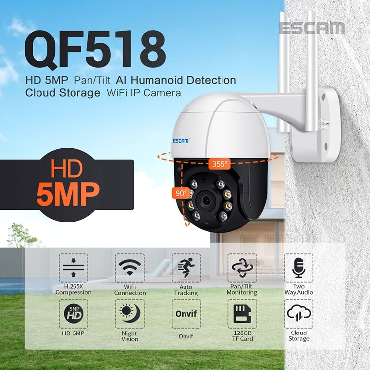 ESCAM QF518 5MP Smart WiFi IP Camera, Support AI Humanoid Detection / Auto Tracking / Dual Light Night Vision / Cloud Storage / Two Way Audio / TF Card Reluova