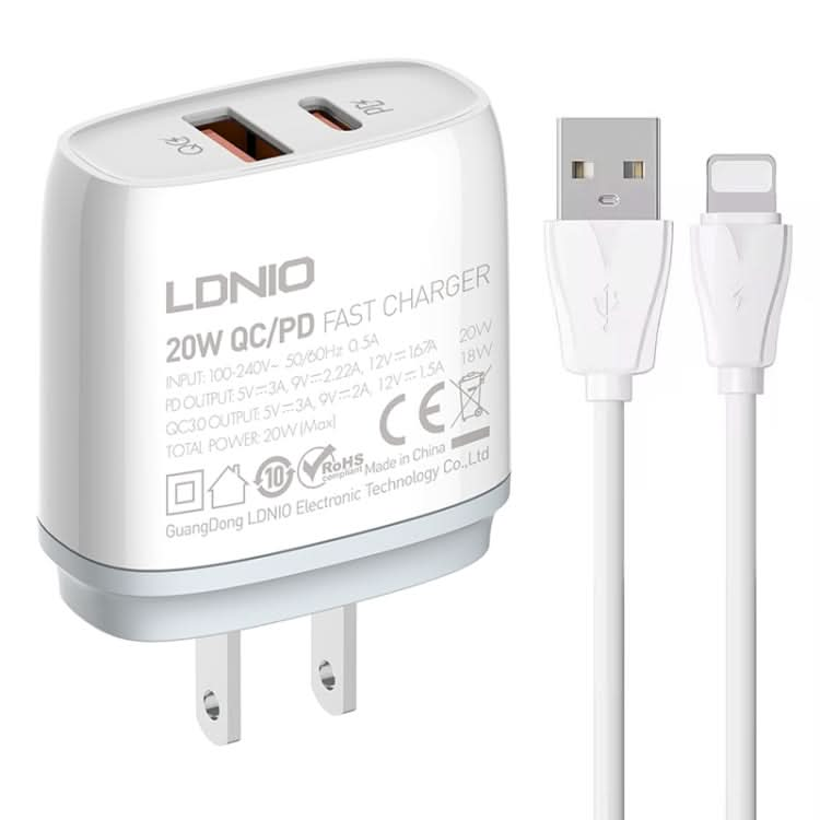 LDNIO Q229 QC3.0 / PD20W USB + Type-C Fast Charger with 1m USB to 8 Pin Cable