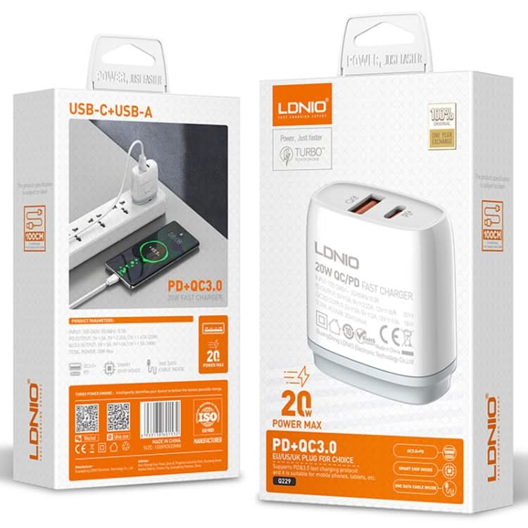 LDNIO Q229 QC3.0 / PD20W USB + Type-C Fast Charger with 1m USB to 8 Pin Cable