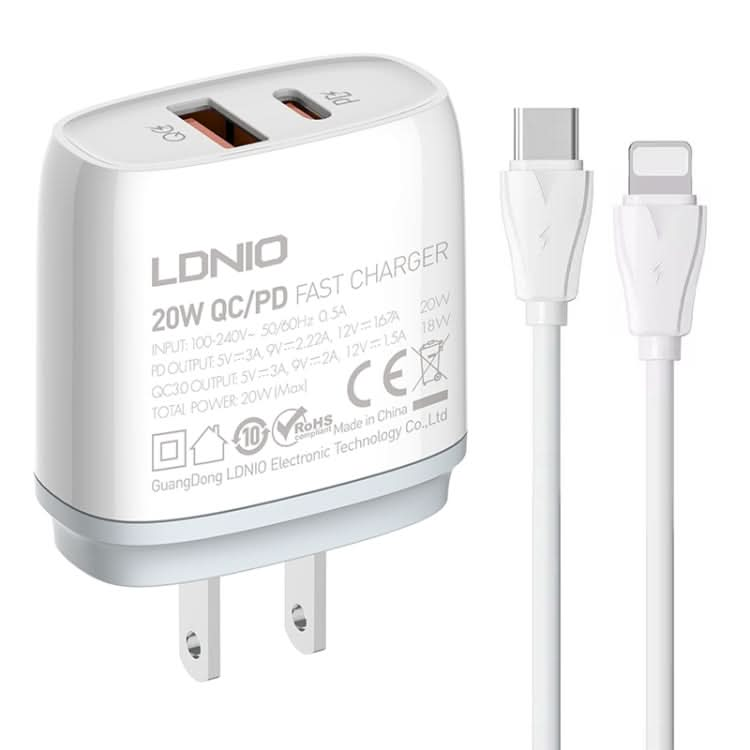 LDNIO Q229 QC3.0 / PD20W USB + Type-C Fast Charger with 1m Type-C to 8 Pin Cable