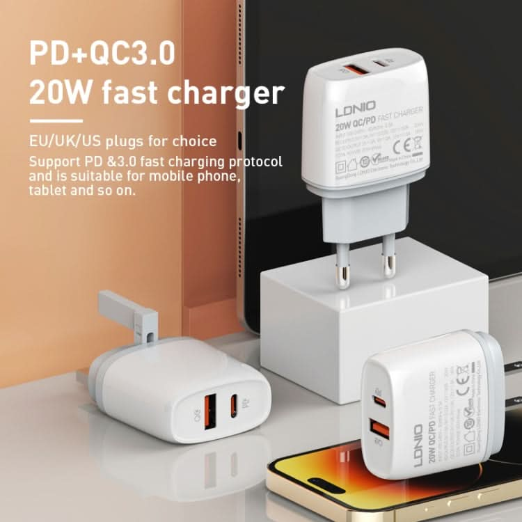 LDNIO Q229 QC3.0 / PD20W USB + Type-C Fast Charger with 1m Type-C to 8 Pin Cable