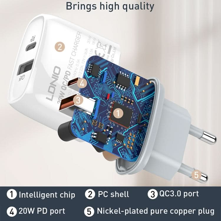 LDNIO Q229 QC3.0 / PD20W USB + Type-C Fast Charger with 1m Type-C to 8 Pin Cable