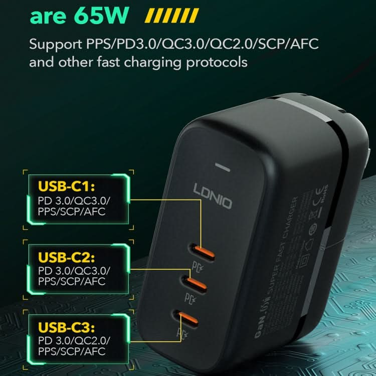 LDNIO Q367 65W GaN 3 x USB-C / Type-C Interface Charger with 1m USB-C / Type-C to USB-C / Type-C Data Cable