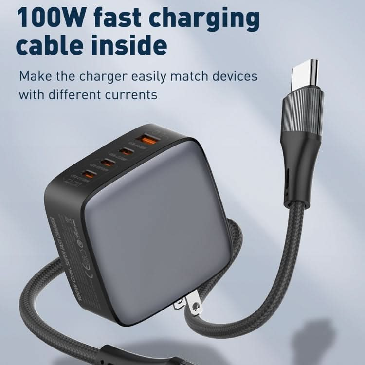 LDNIO Q408 100W GaN USB+3 USB-C / Type-C Interface Charger with 1m 100W USB-C / Type-C to USB-C / Type-C Data Cable