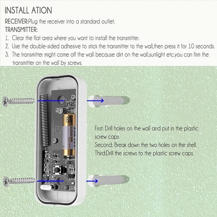 N15K-2T1-B 110dB IP55 Waterproof Wireless Doorbell, Receiver x 1 and Transmitter x 2, US Plug Reluova