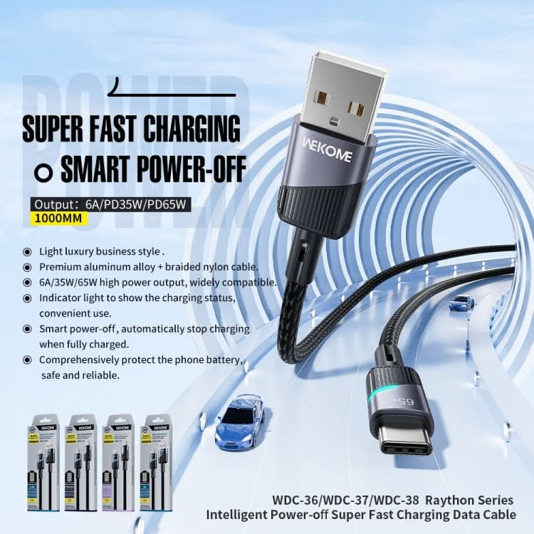 WK WDC-36i Intelligent Power-off 1m 2.4A USB to 8 Pin Fast Charging Data Cable