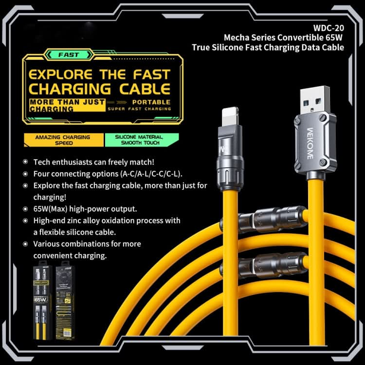 WK WDC-20 Mecha Series Silicone 1.4m 65W 4-in-1 Fast Charging Data Cable