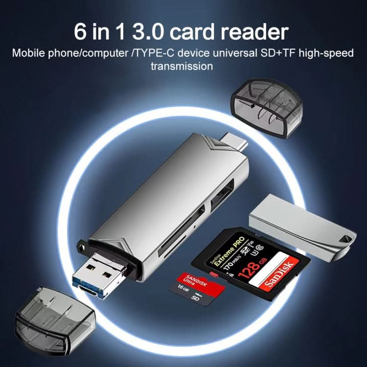 6 in 1 USB3.0, Micro USB, Type-C to SD, TF Card, U Disk Multifunctional Card Reader Adapter