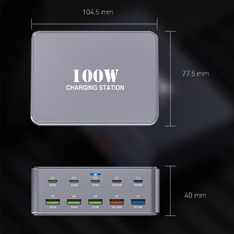 HW33 100W Type-C + USB 10-Port Desktop Fast Charger