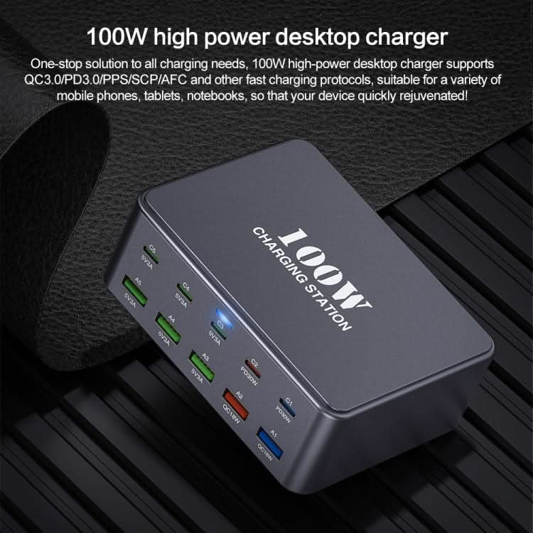 HW33 100W Type-C + USB 10-Port Desktop Fast Charger