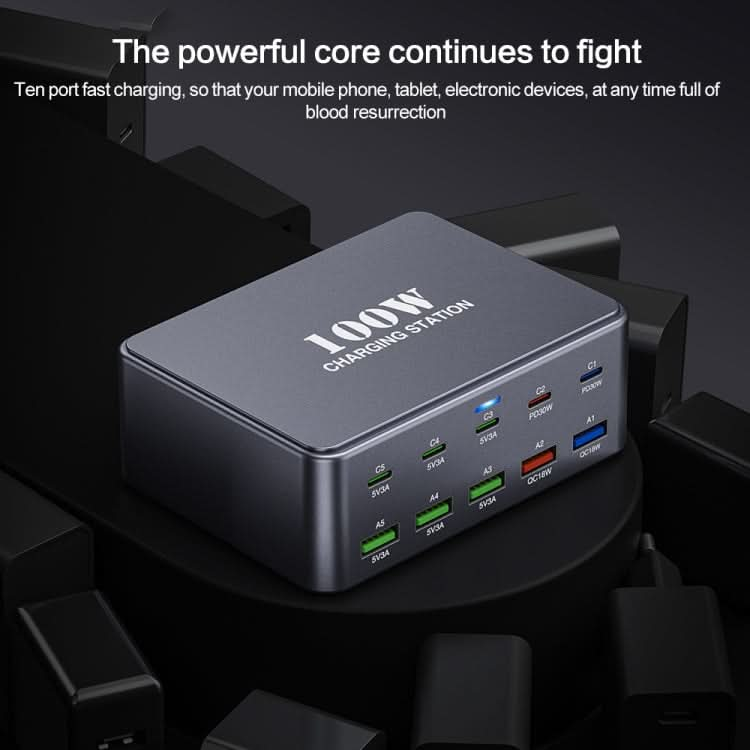 HW33 100W Type-C + USB 10-Port Desktop Fast Charger