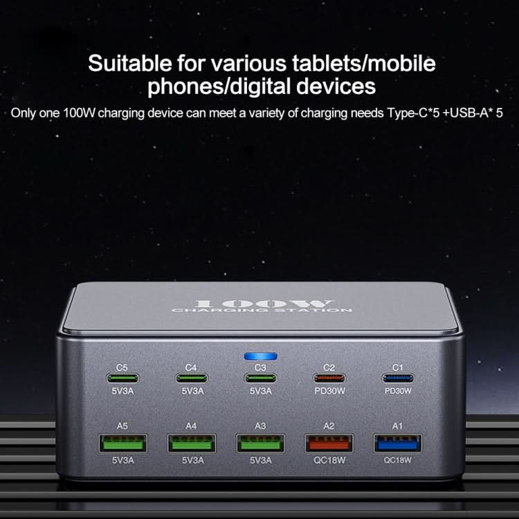 HW33 100W Type-C + USB 10-Port Desktop Fast Charger