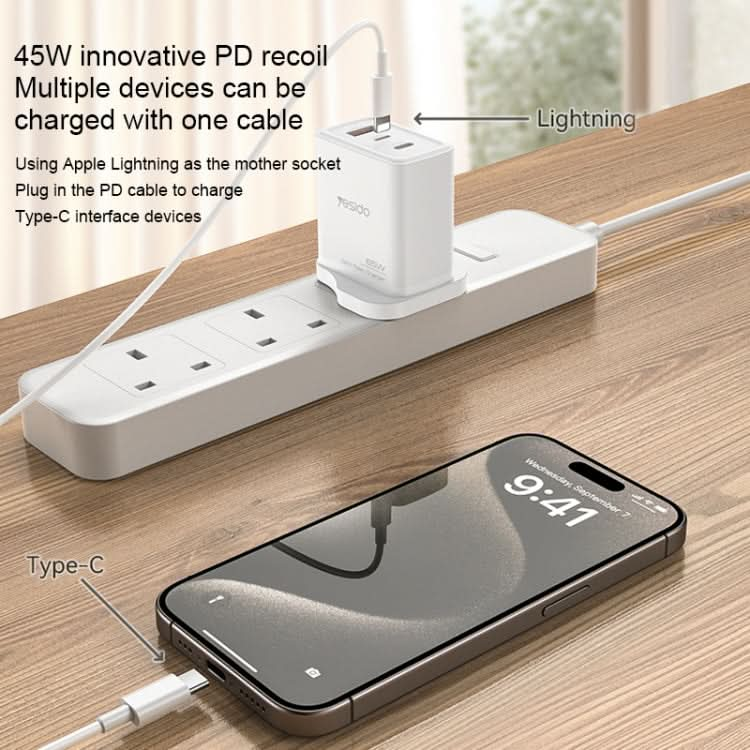 Yesido YC89 65W Type-C, USB, 8 Pin Reverse GaN Fast Charger with Type-C to 8 Pin Cable