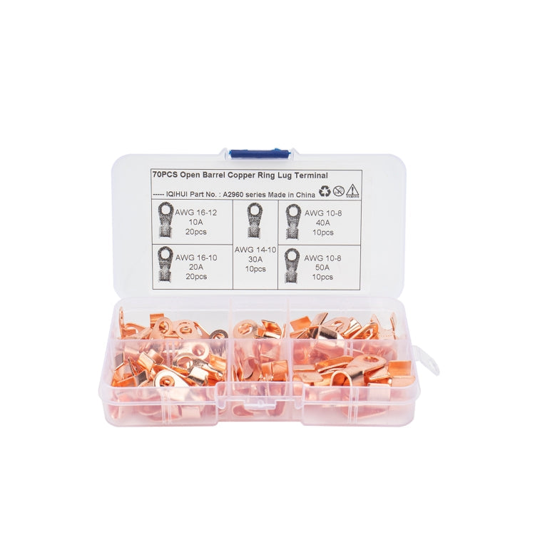 70 PCS Icstation Open Barrel Pure Copper Ring Lug Wire Crimp Terminals Assortment Kit