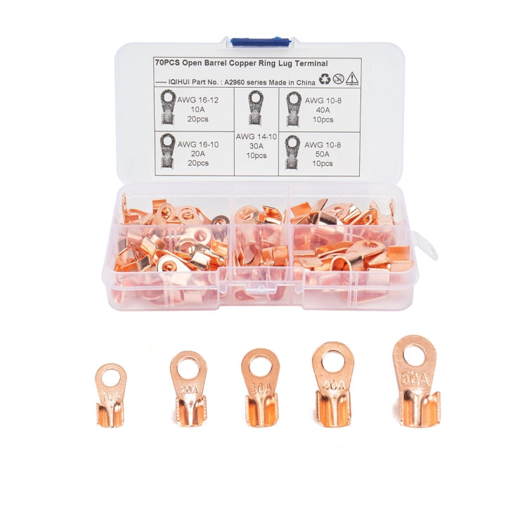 70 PCS Icstation Open Barrel Pure Copper Ring Lug Wire Crimp Terminals Assortment Kit