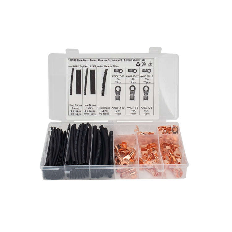 135 PCS Icstation Open Barrel Pure Copper Ring Lug Wire Crimp Terminals Assortment Kit with Heat Shrink Tube