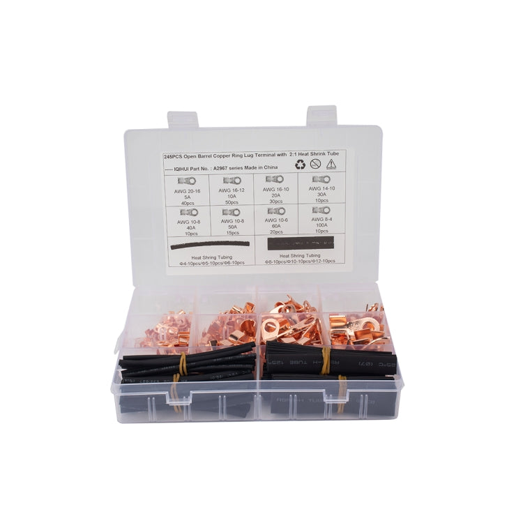 245 PCS Icstation Open Barrel Pure Copper Ring Lug Wire Crimp Terminals Assortment Kit with Heat Shrink Tube-Reluova