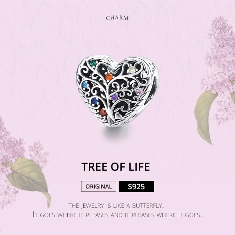 S925 Sterling Silver Tree of Life Heart-shaped Hollow Zircon Beads DIY Bracelet Necklace Accessories