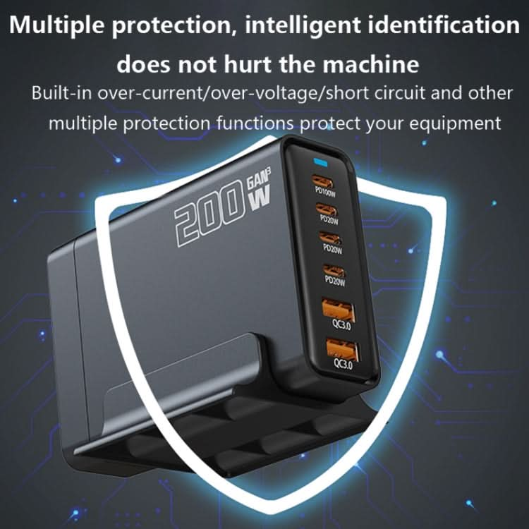 200W GaN 4 Type-C 2 USB Multi Ports Sharing Desktop Charger