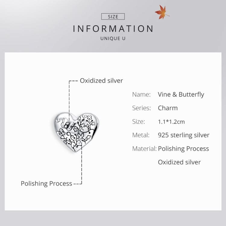 S925 Sterling Silver Heart Shaped Vine Butterfly Beads DIY Bracelet Necklace Accessories