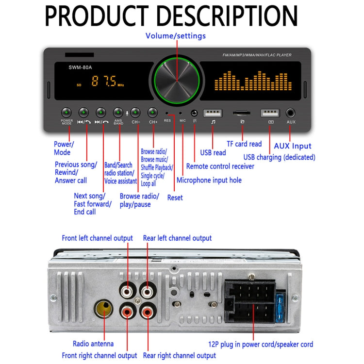 SWM-80A DC12V Car MP3 Support FM / AM & Bluetooth & Mobile Phone Voice Assistant