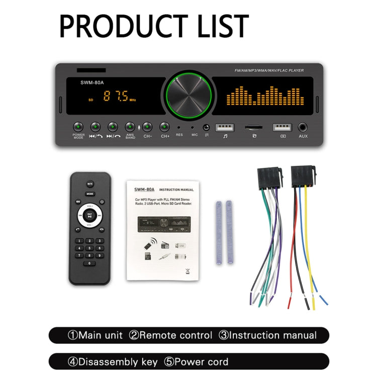 SWM-80A DC12V Car MP3 Support FM / AM & Bluetooth & Mobile Phone Voice Assistant