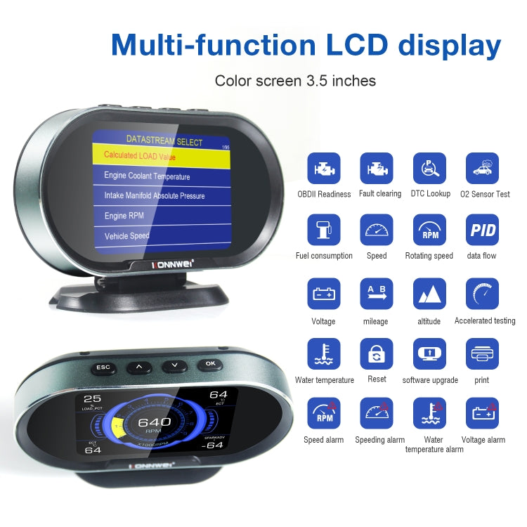 KONNWEI KW206 2 in 1 OBDII / EOBD12V Car Fault Scanner + 3.5 inch LCD Monitor