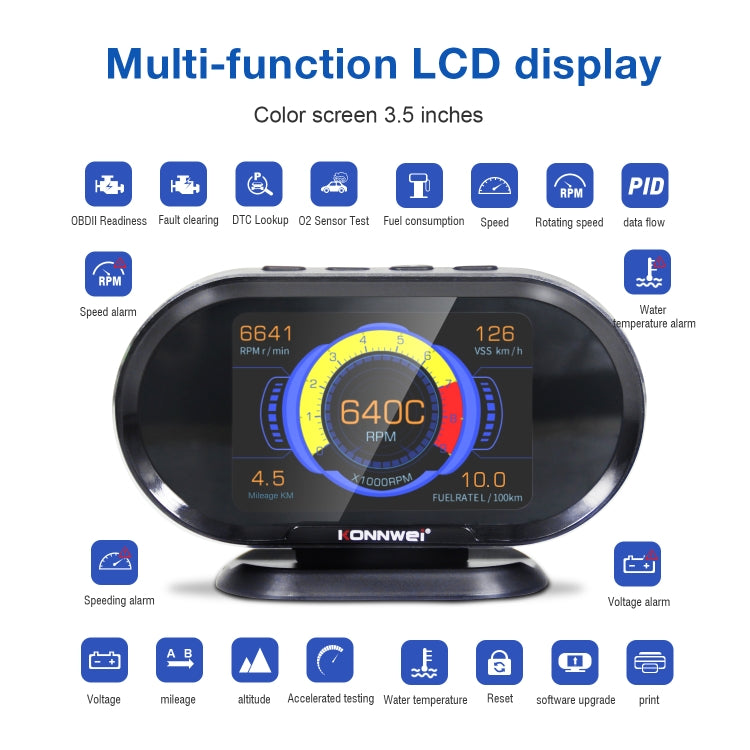 KONNWEI KW206 2 in 1 OBDII / EOBD12V Car Fault Scanner + 3.5 inch LCD Monitor