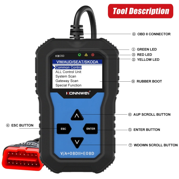 KONNWEI KW350 OBDII 12V Car Diagnostics Detector Scanner with 2 inch Black And White Display Screen V007 for Audi / Volkswagen ÎҵÄÉ̵ê