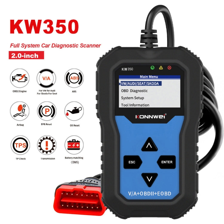 KONNWEI KW350 OBDII 12V Car Diagnostics Detector Scanner with 2 inch Black And White Display Screen V007 for Audi / Volkswagen ÎҵÄÉ̵ê