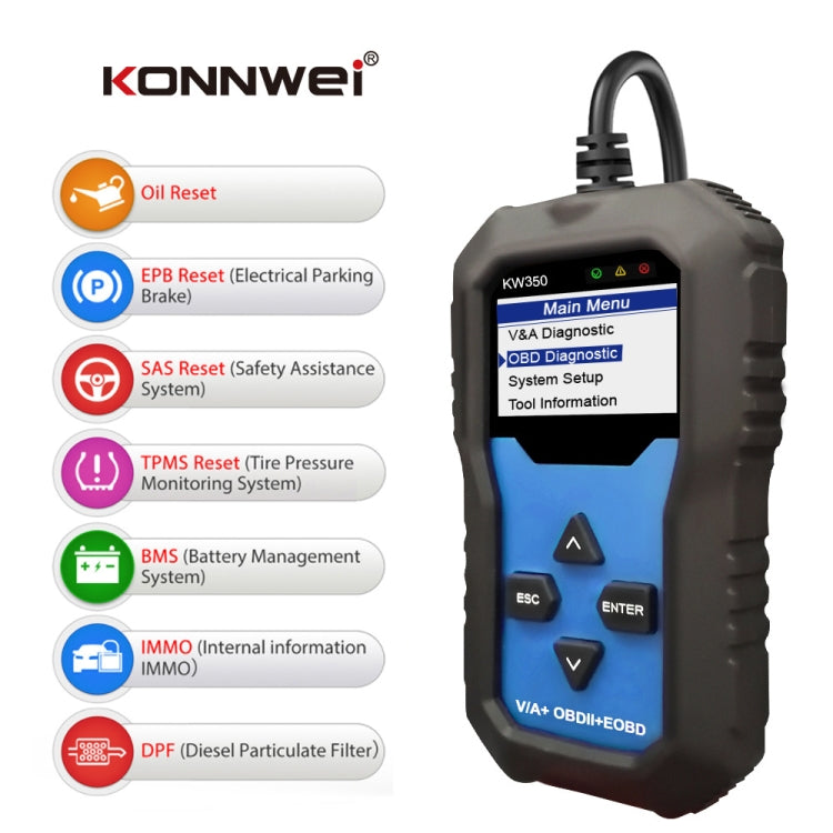 KONNWEI KW350 OBDII 12V Car Diagnostics Detector Scanner with 2 inch Black And White Display Screen V007 for Audi / Volkswagen