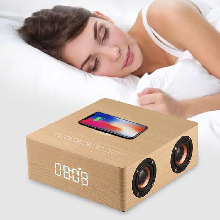 Q5A Multifunctional Wooden Touch Clock Display Wireless Charging Bluetooth Speaker, Support TF Card & U Disk & 3.5mm AUX