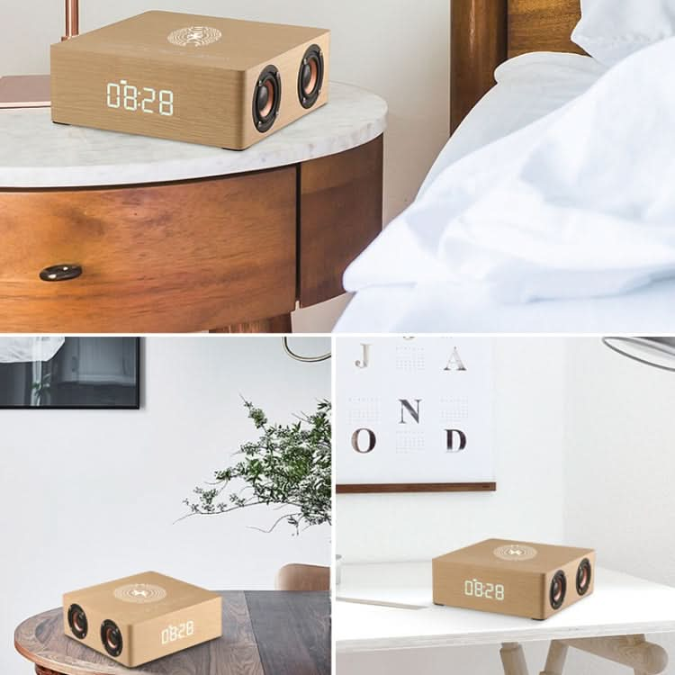 Q5A Multifunctional Wooden Touch Clock Display Wireless Charging Bluetooth Speaker, Support TF Card & U Disk & 3.5mm AUX