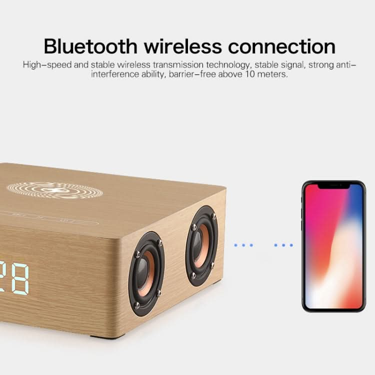 Q5A Multifunctional Wooden Touch Clock Display Wireless Charging Bluetooth Speaker, Support TF Card & U Disk & 3.5mm AUX