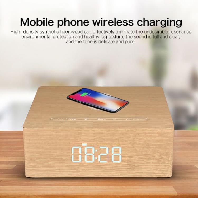 Q5A Multifunctional Wooden Touch Clock Display Wireless Charging Bluetooth Speaker, Support TF Card & U Disk & 3.5mm AUX