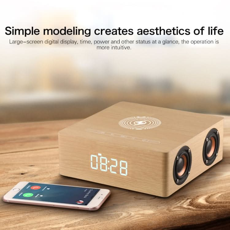 Q5A Multifunctional Wooden Touch Clock Display Wireless Charging Bluetooth Speaker, Support TF Card & U Disk & 3.5mm AUX