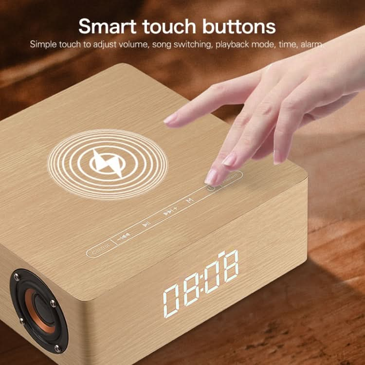 Q5A Multifunctional Wooden Touch Clock Display Wireless Charging Bluetooth Speaker, Support TF Card & U Disk & 3.5mm AUX