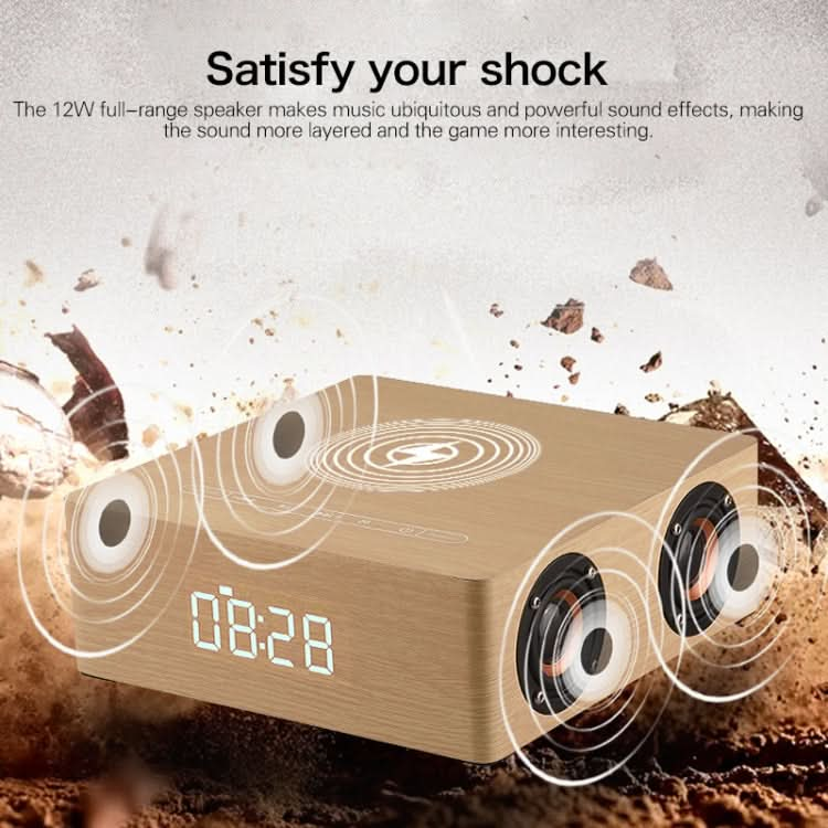 Q5A Multifunctional Wooden Touch Clock Display Wireless Charging Bluetooth Speaker, Support TF Card & U Disk & 3.5mm AUX