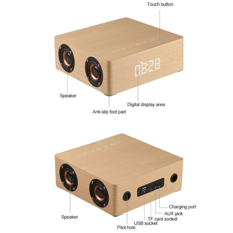 Q5C Multifunctional Wooden Touch Clock Display Bluetooth Speaker, Support TF Card & U Disk & 3.5mm AUX