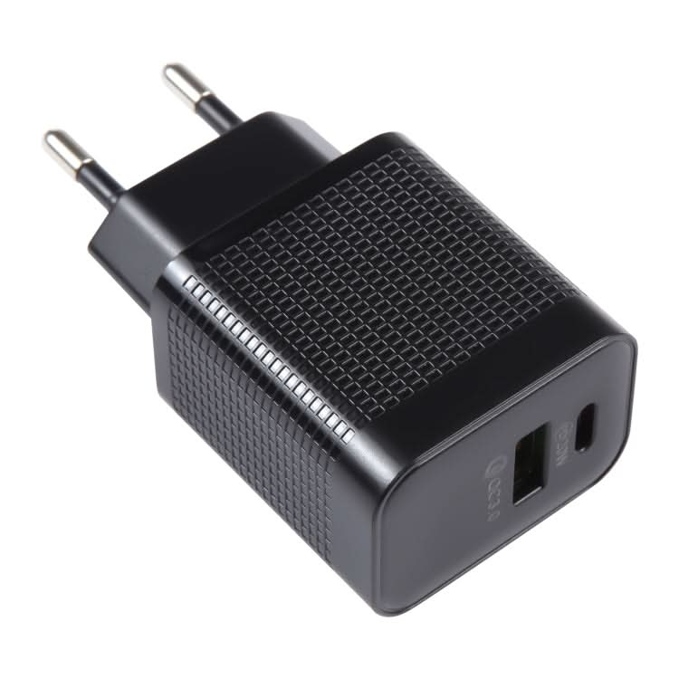 PD 20W USB-C/Type-C+QC 3.0 USB Ports Plaid Pattern Travel Charger, EU Plug