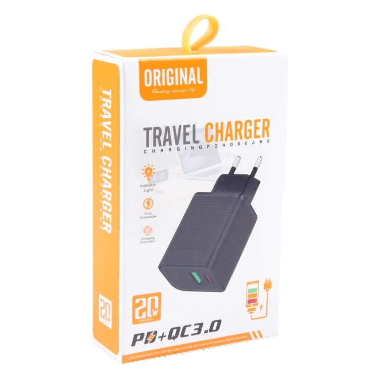 PD 20W USB-C/Type-C+QC 3.0 USB Ports Plaid Pattern Travel Charger, EU Plug