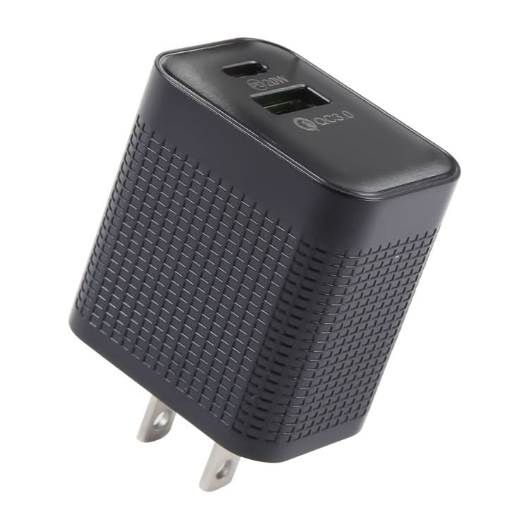 PD 20W USB-C/Type-C+QC 3.0 USB Ports Plaid Pattern Travel Charger, US Plug