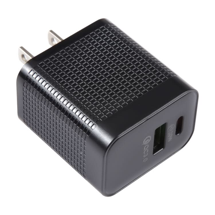 PD 20W USB-C/Type-C+QC 3.0 USB Ports Plaid Pattern Travel Charger, US Plug