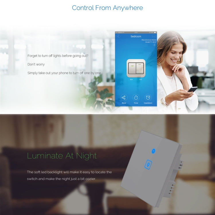 WS-UK-02 EWeLink APP & Touch Control 2A 2 Gangs Tempered Glass Panel Smart Wall Switch, AC 90V-250V, UK Plug