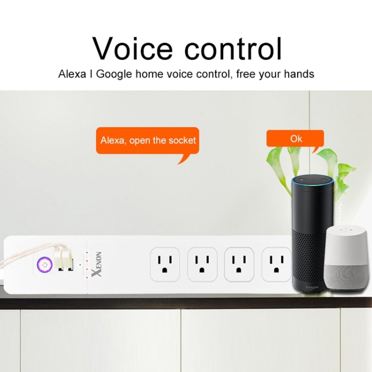 2 x USB Ports + 4 x US Plug Jack WiFi Remote Control Smart Power Socket Works with Alexa & Google Home, Cable Length: 1.5m, AC 110-240V, US Plug