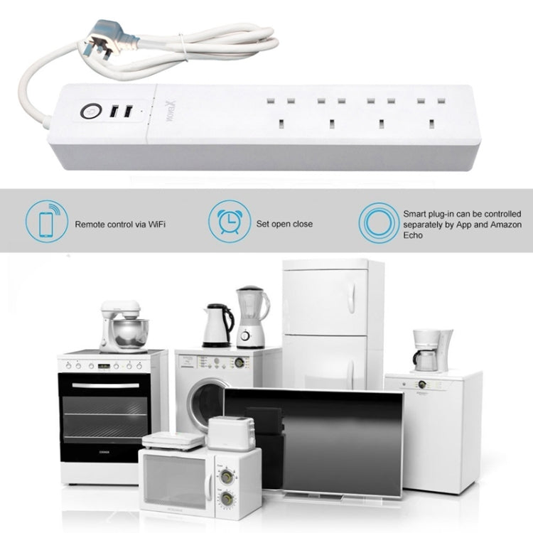 2 x USB Ports + 4 x UK Plug Jack WiFi Remote Control Smart Power Socket Works with Alexa & Google Home, Cable Length: 1.8m, AC 90-265V, UK Plug-Reluova